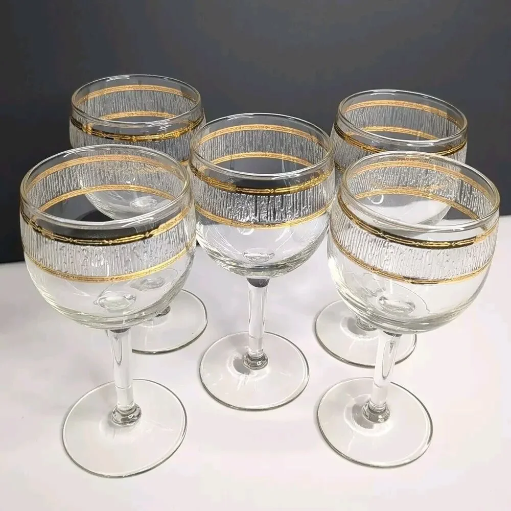 Mid Century 22K Gold CULVER VALENCIA Glass Decanter 5 Stem Wine Glasses